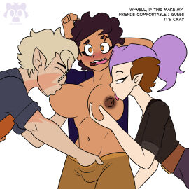 1boy 2girls amity_blight arms_up big_breasts bisexual blonde_hair blush breast_sucking breasts dark_skin dialogue dyed_hair english_text evil_raccoon female grabbing grabbing_breasts hunter_(the_owl_house) latina licking_breast luz_noceda male massive_breasts meme multiple_females multiple_girls nipples pale_skin pink_hair pointy_ears ponytail purple_hair short_hair sucking sucking_nipples text the_owl_house the_owl_house_(finale) threesome witch