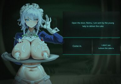 blue_eyes body_writing braid breasts cream dialogue_box dialogue_options english_text female food_on_body food_on_breasts grey_hair hair_between_eyes halloween highres izayoi_sakuya large_breasts lingerie looking_at_viewer maid maid_headdress micro_panties no i'm_not_a_human no i'm_not_a_human_(meme) panties parody pov_peephole sakuya_izayoi short_hair solo stomach topless_female touhou twin_braids underwear user_ckkx8884 white_hair wooden_porch