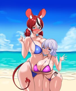 2girls animal_ears big_boobs bikini black_hair blue_eyes blue_sky blush breasts cleavage embarrassed female grey_hair hololive hololive_english hololive_english_-advent- hololive_english_-promise- holomilfs huge_breasts light-skinned_female light_skin looking_at_viewer mama_rat miki_miki momseki nose_blush outdoors purple_eyes rat_ears rat_girl rat_tail red_hair sand shortstack shy sky swimsuit tail three-tone_hair virtual_youtuber water waving waving_at_viewer white_hair