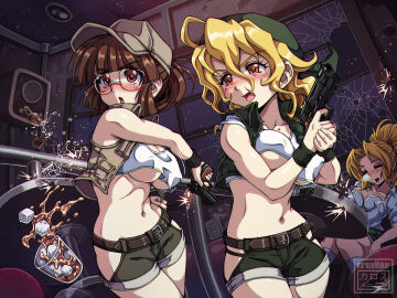 3girls artist_name bangs bare_arms belt blonde_hair blunt_bangs blush breasts brown_eyes brown_hair cleavage clothing clothing_cutout covered_nipples crop_top erect_nipples eri_kasamoto female female_only fio_germi firearm glasses gun gunshot hair_between_eyes handgun hat hip_vent hips human indoors karosu-maker medium_breasts medium_hair messy_hair metal_slug midriff multiple_females multiple_girls narrow_waist navel night nipples no_bra open_mouth paid_reward_available pale_skin panty_peek pistol ponytail revealing_clothes revolver rumi_aikawa short_shorts shorts sidelocks slim_waist snk stomach thighs underboob vest weapon
