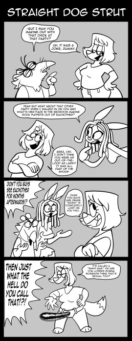 4_panel_comic 4koma absurd_res american_opossum canid canine canis censored comic crossed_arms domestic_dog english_text female galactabee group hi_res humor ineffective_censorship lagomorph larry_(galactabee) leporid male mammal marsupial monochrome mosaic_censorship nikki_(galactabee) orianna_(galactabee) rabbit speech_bubble stated_heterosexuality stated_sexuality strap-on strapon text trio