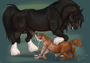 2024 balls black_balls black_body black_fur black_penis black_tail bodily_fluids brown_body brown_eyes brown_fur closed_eyes cum cum_in_mouth cum_inside cum_on_ground dated duo equid equine erection feral feral_on_feral feral_penetrated feral_penetrating feral_penetrating_feral fur genital_fluids genitals grey_anus grey_balls grin hi_res horse human_to_feral male male/male male_penetrated male_penetrating male_penetrating_male mammal mid-transformation narrowed_eyes penetration penis penis_in_mouth rufciu sex side_view signature smile species_transformation tail transformation vein veiny_penis white_body white_fur zoophilia