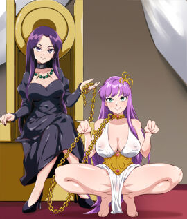 2girls athena_(saint_seiya) bare_arms bare_legs bare_shoulders barefoot black_dress black_footwear black_nails blush breasts chain_leash chains choker cleavage closed_mouth collar covered_erect_nipples crossed_legs female femdom femsub green_eyes grin indoors jewelry large_breasts leash long_hair long_sleeves looking_at_viewer masochism naughty_face necklace pandora_(saint_seiya) paw_pose pet_play purple_eyes purple_hair saint_seiya saori_kido silberspoon sitting slave smile spread_legs squatting teeth tiptoes toenails very_long_hair wet wet_clothes white_dress wide_spread_legs