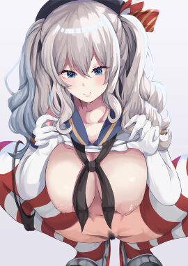 1girls absurdres black_hairband black_neckerchief blue_eyes blue_sailor_collar blue_skirt bonkareohagi breasts cleavage clothes_lift cosplay crop_top elbow_gloves female female_only gloves grey_hair hairband highres kantai_collection kashima_(kantai_collection) microskirt neckerchief nipples pubic_hair pussy sailor_collar shimakaze_(kantai_collection) shimakaze_(kantai_collection)_(cosplay) shirt shirt_lift sidelocks simple_background skirt sleeveless sleeveless_shirt solo solo_female squatting striped_clothes striped_thighhighs thighhighs twintails wavy_hair white_background white_gloves white_shirt