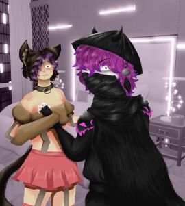 brown_hair cat_boy cat_ears cat_tail catboy caught_in_the_act chocomiwkxd femboy male male/male masked pink_hair white_skin