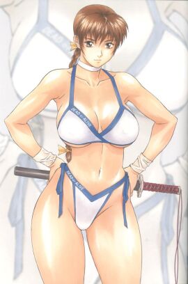 1girls 2007 bikini braid breasts brown_eyes brown_hair cleavage dead_or_alive female female_focus female_only highleg highleg_bikini hip_bones kasumi_(doa) large_breasts long_hair momoi_nanabei pretty_well side-tie_bikini side_tie_bikini_bottom sideboob solo solo_female solo_focus sword underboob very_long_hair weapon zoom_layer
