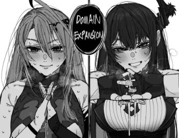 2girls black_hair carrot_011 domain_expansion elizabeth_rose_bloodflame female hololive hololive_english hololive_english_-advent- hololive_english_-justice- large_breasts nerissa_ravencroft pussy pussy_juice red_hair virtual_youtuber vtuber yuri