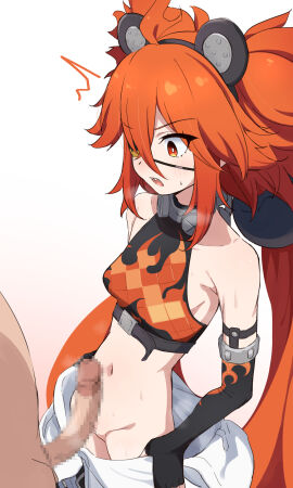 1boy 1girls ^^^ animal_ears bare_shoulders black_gloves breasts bright_pupils censored donutman erection eyepatch fake_animal_ears female fingerless_gloves gloves highres koleda_belobog light-skinned_female light-skinned_male light_skin long_hair looking_at_penis male mosaic_censoring open_mouth penis red_eyes red_hair small_breasts straight white_pupils zenless_zone_zero