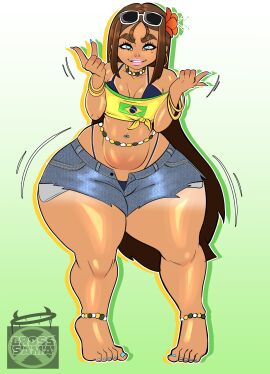 5_fingers 5_toes alexandria_(cross_samax) anklet artist_name barefoot brazilian_flag brazilian_miku_(cosplay) brunette brunette_female brunette_hair cross_samax dancing dummy_thicc feet female flower_in_hair hips_wider_than_shoulders huge_thighs motion_lines navel navel_piercing painted_nails painted_toenails pink_lipstick shorts shortstack smug tan_body tan_skin tanline thicc thicc_ass thicc_thighs thick_ass thick_eyebrows thick_thighs tomboyish wide_hips