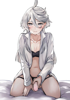 ahoge blush bra breasts breath dildo female grey_eyes grey_hair gundam gundam_suisei_no_majo implied_yuri looking_at_viewer miorine_rembran mitsu_(tendou_itsuki) open_clothes open_shirt sex_toy shirt solo strap-on strapon underwear white_shirt