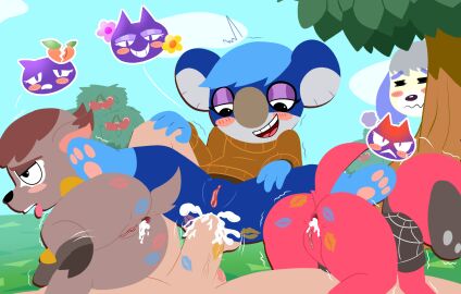 1boy 3girls anal anal_sex animal_crossing annoyed anthro anus ass balls being_watched bent_over blue_body blue_fur blush bodily_fluids bottomless canid canine cherry cherry_(animal_crossing) clothed clothing cloud cowgirl_position cum cum_in_ass cum_inside daisy_(animal_crossing) deer deirdre_(animal_crossing) female female/female food foursome from_front_position fruit fur gaping gaping_anus genital_fluids genitals group group_sex hi_res kiss_mark koala lipstick_mark lipstick_on_ass lipstick_on_balls lipstick_on_penis looking_at_another male male/female mammal marsupial multiple_females multiple_girls nintendo on_bottom on_top outside pawpads penetration penis piercing plant presenting presenting_anus presenting_hindquarters presenting_pussy public public_sex pussy rainbow_party red_body red_fur sex short_stack size_difference smile sunny sweater tongue tongue_out topwear tree video_game_reference vombatiform weirdkoaladream yuka_(animal_crossing)