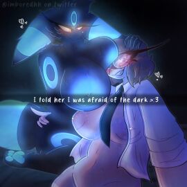 absurd_res anthro ass black_body boobs_on_head breasts brown_hair clothing duo eeveelution eyewear female furry generation_2_pokemon glowing glowing_body glowing_nipples glowing_pawpads glowing_tail hair hand_on_ass hand_on_butt hand_on_head heart_symbol hi_res human imboredhh mammal mostly_nude necktie nintendo nipples orange_eyes pawpads pokemon pokemon_(species) purple_eyes shiny_pokemon shiny_umbreon snapchat suit tail umbreon yuri