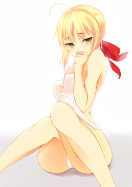 ahoge bare_arms bare_ass bare_butt bare_calves bare_hands bare_hips bare_knees bare_legs bare_shoulders bare_skin bare_thighs blonde-haired_female blonde_eyebrows blonde_female blonde_hair blush blush_lines blushing_female breasts casual_one-piece_swimsuit cleft_of_venus covering_mouth embarrassed embarrassed_female eyebrows_visible_through_hair fate/extra fate_(series) female green-eyed_female green_eyes hair_ribbon kinta_(distortion) knees_together_feet_apart knees_up light-skinned_female light_skin medium_breasts nero_claudius_(fate) nero_claudius_(fate/extra) nipple_bulge one-piece_swimsuit panties red_hair_ribbon red_ribbon ribbon short_hair simple_background sitting sitting_on_ass sitting_on_floor sitting_on_ground slender_body slender_waist slim_female slim_waist solo swimsuit thin_waist topwear underwear white_background white_one-piece_swimsuit white_panties white_topwear white_underwear wide_hips