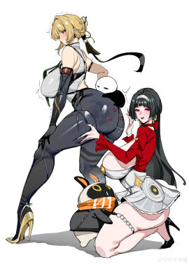 2girls absurdres ass astra_yao b.sa_(bbbs) bird black_hair blonde_hair blush breasts earrings elbow_gloves evelyn_chevalier female gloves hairband high_heels highres huge_ass huge_breasts jewelry large_breasts long_hair looking_at_viewer multiple_females multiple_girls penguin shirt simple_background skirt thick_thighs thigh_strap thighs white_background white_skirt zenless_zone_zero