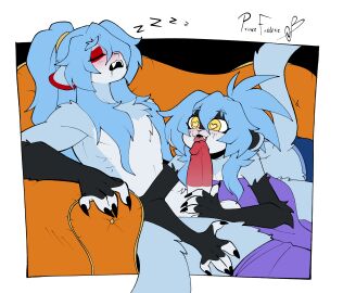 absurd_res anthro astra_lupus balls blue_body blue_fur blue_hair blush brother brother_(lore) brothers_(lore) dream duo erection fur furniture genitals gwendolyn_stellas hair haplorhine hi_res humanoid incest_(lore) licking long_hair long_tail male male/male mammal monkey nebula_stellas oral penile penis penis_lick primate prince_frederic sex sibling_(lore) sinfrou sleep_sex sleeping sofa tail tongue