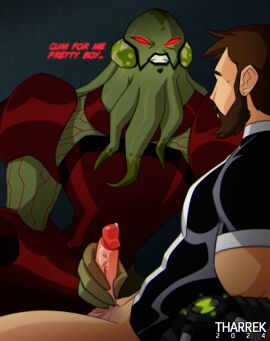 2024 4_fingers alien alien_humanoid ambiguous_gender ambiguous_humanoid armor artist_name balls beard ben_10 ben_10000 ben_tennyson black_clothing black_shirt black_topwear bodily_fluids bottomless bottomless_human bottomless_male breastplate brown_beard brown_eyebrows brown_facial_hair brown_hair cartoon_network chimera_sui_generis clothed clothed_ambiguous clothed_humanoid clothing collar dated dialogue duo empty_eyes english_text erection eyebrows eyeless_male facial_hair female female_(lore) fingers foreskin genital_fluids genitals glans glowing glowing_eyes green_body green_skin green_tentacles hair handjob head_tentacles hi_res human humanoid humanoid_genitalia humanoid_penis male male/ambiguous male_human male_human/female_alien male_human/female_humanoid mammal markings multicolored_clothing multicolored_shirt multicolored_topwear myaxx noseless omnitrix pauldron penile penis pink_glans precum red_armor red_collar red_eyes red_markings red_text retracted_foreskin sex shirt short_hair sweat t-shirt teeth tentacle text tharrek topwear two-tone_clothing two-tone_shirt two-tone_topwear uncircumcised vambrace vein veiny_penis white_clothing white_shirt white_topwear