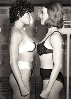 2girls 3d black_and_white black_bra black_panties bra combat_universe female female_only monochrome original panties underwear white_bra white_panties