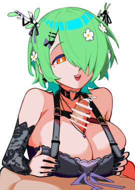1boy 1girls beauty_mark big_breasts blue_nails branch_horns breasts censor_bar censored censored_penis ceres_fauna ceres_fauna_(goth_costume) clothed clothing dismassd female green_hair hair_over_one_eye hi_res highres hololive hololive_english hololive_english_-council- hololive_english_-promise- horns huge_breasts light-skinned_female light-skinned_male light_skin male mole mole_under_eye nail_polish official_alternate_costume open_mouth outercourse paizuri paizuri_under_clothes penis short_hair unseen_male_face virtual_youtuber white_background yellow_eyes