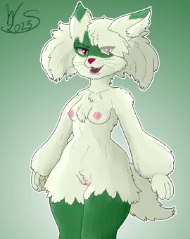 absurd_res anthro breasts digital_media_(artwork) female fur generation_9_pokemon genitals hair hi_res looking_at_viewer mammal meowscarada nintendo nipples nude pokemon pokemon_(species) simple_background smile solo tail vulva winter_sunshine