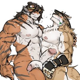 abs accessory anthro arknights armguards big_nipples big_pecs black_hair blush brown_body brown_fur canid canine canis chest_tuft closed_eyes domestic_dog duo felid fur gasp hair headband headgear hi_res holding_in_mouth huai_tianpei_(arknights) hypergryph male male/male mammal mostly_nude multicolored_body multicolored_fur muscular muscular_male nipples orange_body orange_fur pantherine pecs qihy0912 shiba_inu simple_background spinugami_(onmyoji) spitz stripes studio_montagne tiger tuft two-tone_body two-tone_fur white_background white_body white_fur