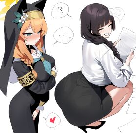 2girls ass ass_focus ass_up bent_over big_ass big_breasts big_butt big_buttocks black_skirt blue_archive blush breasts brown_hair closed_eyes_smile clothed clothed_ass clothed_female covering_crotch curvy_female female female_sensei_(blue_archive) halo heels hi_res holding_breast holding_object horny horny_female looking_at_ass looking_back mari_(blue_archive) nun nun's_habit nun_hat nun_outfit office_clothing office_lady orange_hair panties panties_visible_through_clothing pantylines paper_on_head pencil_skirt possible_futa possibly_futa seductive_body seductive_pose sensei_(blue_archive) side_braid skirt smile smiling_at_another spoken_ellipsis spoken_heart spoken_question_mark squatting staring_at_ass student teacher teacher_and_student teacher_outfit teasing temptation tempting thick_thighs trinity_general_school_student unaware voluptuous voluptuous_female white_background white_shirt xipa yuri