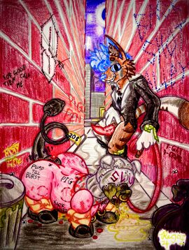 absurd_res alley ambiguous_gender amputee anal_plug anthro bandage bandaged_arm bandaged_stump banknote bite_mark blood_splatter bodily_fluids body_writing brick_wall buttplug city city_background clothing degradation disability domestic_cat domestic_pig duo facial_piercing felid feline felis flies_for_smell genital_fluids genitals gore graphite_(artwork) guro hi_res hooves humanoid implied_permanent implied_prostitution inflatable leash leonardo_(leo_the_cat) light looking_at_viewer male male_focus male_only mammal mask metal money moonlight necktie night nipple_piercing nipples nose_piercing peeing pencil_(artwork) penile_spines penis permanent pervnamedregazz piercing pig plug_(sex_toy) puddle scar sex_toy slur spank_marks suid suina suit sus_(pig) traditional_media_(artwork) trash trash_bag trash_can urination urine vandalism wall_(structure) wounded