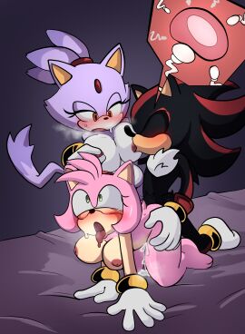 1boy 2d 2d_(artwork) 2girls absurd_res absurdres amy_rose anthro anthro_on_anthro bed big_breasts black_fur blaze_the_cat blush breast_sucking breasts cat cat_girl chest_fur closed_eyes cum cum_dripping cum_in_pussy cum_inside digital_drawing_(artwork) doggy_style doggystyle drool drooling drooling_tongue eulipotyphlan eyelashes feline female furry furry_female furry_male gloves gold_bracelets grabbing_hip green_eyes half-lidded_eyes handwear_and_footwear_only handwear_only heart-shaped_pupils hedgehog hedgehog_boy hedgehog_girl hi_res highres impregnation inhibitor_ring light-skinned_female light_skin male male/female/female male_penetrating_female open_mouth orange_eyes pinching_nipple pink_fur purple_fur pussy red_hairband red_streaks sega shadow_the_hedgehog sheets simple_background socks sonic_(series) sonic_the_hedgehog_(series) straight straight_sex sucking_breasts sucking_nipple sweat sweating tan-skinned_male tear threesome tongue tongue_out trio