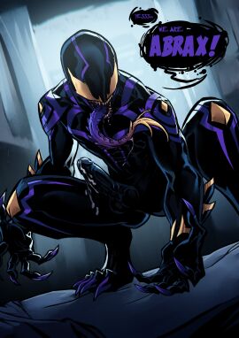 2023 absurd_res balls barefoot bed bedroom bodily_fluids comic crouching cum cum_on_penis detailed_background dialogue digital_media_(artwork) drooling english_text erection feet furniture genital_fluids genitals goo_transformation hi_res highlights_(coloring) long_tongue male marvel marvel_comics maxspite nude on_bed open_mouth penis purple_highlights purple_text purple_tongue saliva smile solo solo_male speech_bubble symbiote teeth text toes tongue transformation window