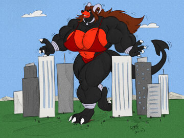 abs biceps breasts brown_hair cooner female giantess hair horns houndoom hyper long_hair muscles muscular muscular_arms muscular_female muscular_legs muscular_thighs pecs pokemon