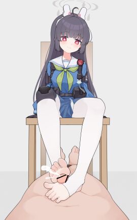 1boy absurdres ammunition_pouch bar_censor black_hair blue_archive blue_shirt blue_skirt blunt_bangs blunt_ends blush bright_pupils censored closed_mouth commentary_request cum dorsiflexion ejaculation erection eyelashes feet female foot_fetish footjob full_body green_neckerchief grey_background grey_halo hairband halo highres knee_pads knees_apart_feet_together large_variant_set legs long_hair long_sleeves looking_at_viewer male miyu_(blue_archive) neckerchief no_shoes on_chair pantyhose penis pleated_skirt pouch pov red_eyes sailor_collar school_uniform serafuku shirt sidelocks simple_background sitting skirt spread_toes stirrup_legwear toeless_legwear toenails toes two-footed_footjob variant_set very_long_hair white_hairband white_pantyhose white_pupils white_sailor_collar wl217_(nicexa111) young