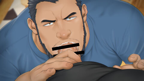 2boys after_orgasm bara beard beefy big_hands black_hair blowjob blurry_background censored clothed clothed_sex cum cum_bubble cum_in_mouth cum_inside daddy dilf fellatio frown gay hi_res looking_at_partner male male/male male_only middle_aged mizuki_gai muscles muscular muscular_arms muscular_male mustache_stubble original original_character penis saliva saliva_on_penis saliva_trail semen sex short_hair sideburns small_pupils thick_eyebrows very_high_resolution yaoi yellow_eyes