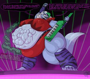 anthro anthro_pred belly belly_bulge big_belly big_breasts breasts darkartist digestion digestion_noises fat female female_pred five_nights_at_freddy's five_nights_at_freddy's:_security_breach human_prey hyper keytar multiple_prey obese overweight roxanne_wolf_(fnaf) size_difference stage vore willing_prey wolf