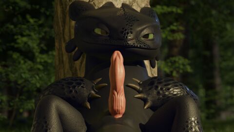 16:9 3d_(artwork) absurd_res against_natural_surface against_surface against_tree animal_genitalia black_body blender_(artwork) blender_cycles claws digital_media_(artwork) dragon dreamworks erection european_mythology feral forest forest_background furryfamine20 fury_(httyd) genital_slit genitals green_eyes hi_res how_to_train_your_dragon looking_at_viewer lying male mythological_creature mythological_scalie mythology nature nature_background night_fury on_back plant scales scalie seductive slit_penis solo spread_legs spreading toothless tree western_dragon widescreen