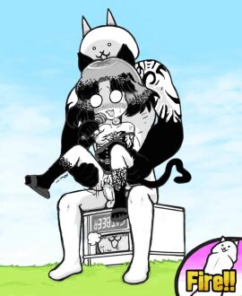 ambiguous_gender animal_humanoid anthro assisted_exposure being_watched bell bell_collar blush cat_(battle_cats) cat_humanoid cloud collar crazed_moneko crazed_moneko_(the_battle_cats) crazed_titan_cat duo_focus felid felid_humanoid feline feline_humanoid female feral gordian_(artist) grass group humanoid humanoid_on_anthro larger_male looking_at_another male male/female mammal mammal_humanoid masturbation nyanko_daisensou open_mouth penetration plant public public_sex pussy sex size_difference sky the_battle_cats titan_cat trio unusual_anatomy vaginal_penetration