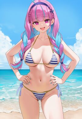 :d ahoge aqua_nails bangs beach bikini blue_nails blue_sky blunt_bangs braid breasts collarbone colored_inner_hair day eyebrows_visible_through_hair female hand_on_hip hands_on_hips hololive hololive_japan horizon large_breasts long_hair looking_at_viewer minato_aqua multicolored_hair nail_polish navel ocean open_mouth outdoors purple_eyes purple_hair side-tie_bikini sky smile solo standing string_bikini striped striped_bikini swimsuit two-tone_hair virtual_youtuber water