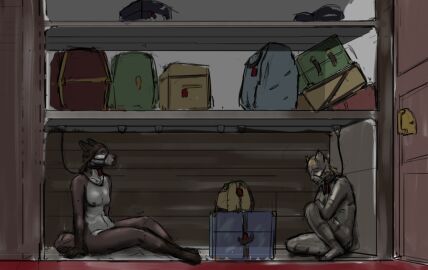 2022 anthro breasts brown_body brown_fur collar colored domestic_cat door door_handle duo felid feline felis female fur grey_body grey_fur inside jeri_kleinlowe leash luggage male mammal muzzle_(object) muzzled nipples nude nude_female nude_male sitting slave storage wall_(structure) white_body white_fur wood wood_wall