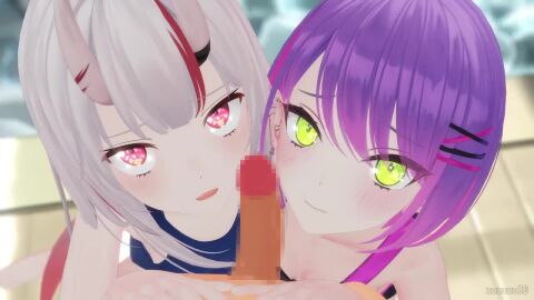 1boy 2girls 3d audible_ejaculation bisexual bisexual_female blowjob censored cum cum_in_mouth fellatio ffm_threesome french_kiss girl_kisses_girl green_eyes hairclips holoforce hololive hololive_gen_2 hololive_japan kissing licking_penis looking_at_viewer male_pov mosaic_censoring nakiri_erina oni oni_female oni_horns open_mouth outdoors penis pool pov purple_hair red_eyes red_hair sharing_cum sound tagme threesome tokoyami_towa two-tone_hair video water white_hair zuzuzu3d