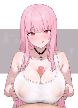 1boy 1girls alternate_version_available bluefield breasts female hi_res hololive hololive_english hololive_myth huge_breasts light-skinned_female light_skin long_hair male male_pov mori_calliope paizuri pink_eyes pink_hair pov titjob uncensored virtual_youtuber vtuber