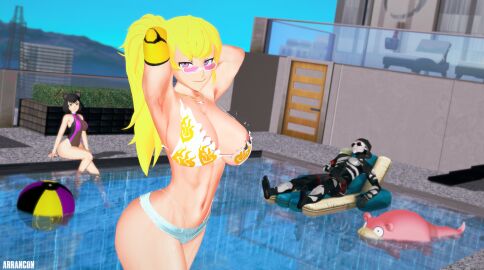 1boy 2girls arrancon backwards_hat beach_ball big_breasts bikini bikini_bottom bikini_top birthday black-haired_female black_hair blake_belladonna blonde_female blonde_hair breasts cleavage crossover female grimm_(rwby) half-dressed half_naked half_naked_female looking_over_eyewear looking_over_sunglasses male one-piece_swimsuit pokemon pokemon_(species) ponytail pool pose posing robotic_arm rwby short_shorts skorn_(arrancon_grimmed) slowpoke sunglasses swimming_trunks tinted_eyewear yang_xiao_long