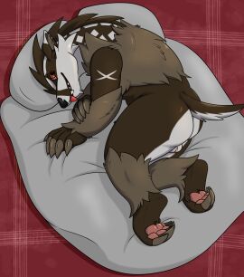 alex.fetter anthro ass balls bed brown_body brown_eyes brown_fur claws fur furniture furry generation_8_pokemon genitals hi_res looking_at_viewer male mustelid musteline nintendo obstagoon on_bed pawpads pillow pink_sclera pokemon pokemon_(species) semi-anthro solo teeth tongue white_body white_fur