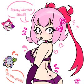 ass ass_cleavage ass_crack bangs black_eyes black_lipstick blush bra brawl_stars breasts butt_crack draco_(brawl_stars) eyelashes female female/male heart hearts_around_head love makeup male male/female melodie_(brawl_stars) nude panties pink_bow pink_hair purple_underwear short_hair small_breasts
