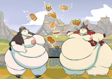 2girls amber_(genshin_impact) belly belly_button big_belly big_breasts breasts brown-haired_female brown_hair chubby chubby_female duo duo_female duo_focus exposed_fat_belly fat fat_female fat_fetish female female_focus female_only genshin_impact hoyoverse hu_tao_(genshin_impact) light-skinned_female light_skin liyue_girls mihoyo mihoyo_technology_(shanghai)_co._ltd. mondstadt_girls multiple_females multiple_girls nipples obese obese_female overweight overweight_female sky ssbbw weight_gain