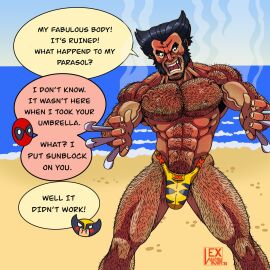 2boys bara beach bulge claws deadpool dialogue english_text flaccid gay hairy hairy_male lex_mason male male_only male_swimwear marvel marvel_comics muscular muscular_male nipples outdoors penis red_mask sand solo solo_male sunburn water wolverine_(x-men) x-men yaoi