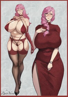 1girls absurd_res breasts clothed clothing earrings female female_only footwear hi_res huge_breasts legwear long_hair looking_at_viewer lulu95402099 mature mature_female milf original pink_hair solo solo_female stockings thick_thighs thighhighs wide_hips