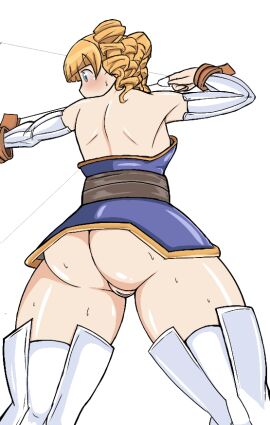 1girls 2d archer archer_(disgaea) archery ass big_ass blonde_hair blue_eyes blush bow_and_arrow cameltoe clothed clothed_female color disgaea drawing_bow female female_only light-skinned_female light_skin meaver_(disgaea) nippon_ichi_software no_panties pussy rear_view sanryuu_(rjjk5222) solo sweat thick_ass thick_thighs tight_clothing upskirt vagina white_background