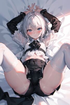 ai_generated bedroom_eyes legs_up lying shirt short_hair shorts spread_legs white_hair