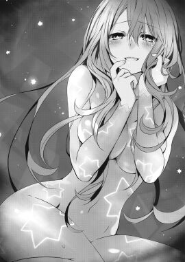 almost_naked belly_button big_breasts black_and_white blush breasts date_a_live female finger_in_mouth hand_in_hair kyouno_natsumi kyouno_natsumi_(adult) long_hair novel_illustration official_art thick_thighs thighs transparent_clothing tsunako