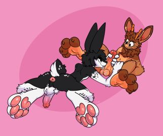 absurd_res anthro antlers anus ass balls balls_lick bedroom_eyes black_body black_fur black_hair brown_body brown_fur brown_hair cheek_tuft duo erection facial_tuft foreskin fur genitals hair half-closed_eyes handjob hi_res horn humanoid_genitalia humanoid_penis jackalope lagomorph leporid licking lying male male/male mammal multicolored_body multicolored_fur narrowed_eyes neck_tuft nervous nervous_expression nervous_smile on_back on_front oral pawpads paws penile penis penis_lick perineum pink_background pink_pawpads pubes rabbit seductive sex simple_background smile smirk smug smug_face spread_legs spreading tongue tongue_out tuft two-tone_body two-tone_fur uncircumcised white_body white_fur wide_eyed xing1