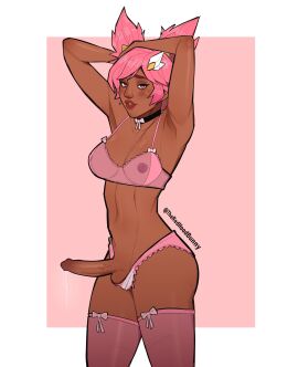 1futa abs arms_up balls big_breasts big_penis blush breasts clothed clothing dark-skinned_futa dark_skin erect_penis erection fit flirting futa_only futanari horny human intersex league_of_legends lingerie looking_at_viewer medium_breasts mostly_nude parted_lips penis penis_out pink_bra pink_hair pink_lingerie precum precum_drip see-through slim_waist solo standing taliyah theredhoodbunny thighhighs twintails