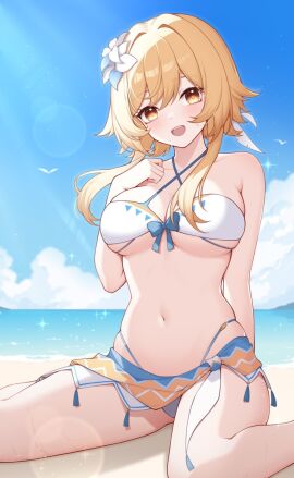 1girls 2024 2d 2d_(artwork) alternate_breast_size alternate_costume beach belly_button big_breasts bikini bikini_bottom bikini_top blonde_hair bra breasts clouds day female female_focus female_only flowers flowers_in_hair front_view genshin_impact light-skinned_female light_skin looking_at_viewer lumine_(genshin_impact) lumine_(hot_springs)_(genshin_impact) navel ocean official_alternate_costume outdoors poinia revealing_swimsuit sand short_hair sky slim_female smiling smiling_at_viewer solo solo_female solo_focus summer swimsuit thong thong_bikini two_piece_swimsuit wariza water yellow_eyes young younger_female